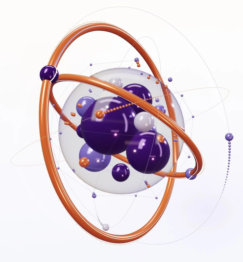 Grape orbital sculpture with clear glass, purple network spheres and orange rings